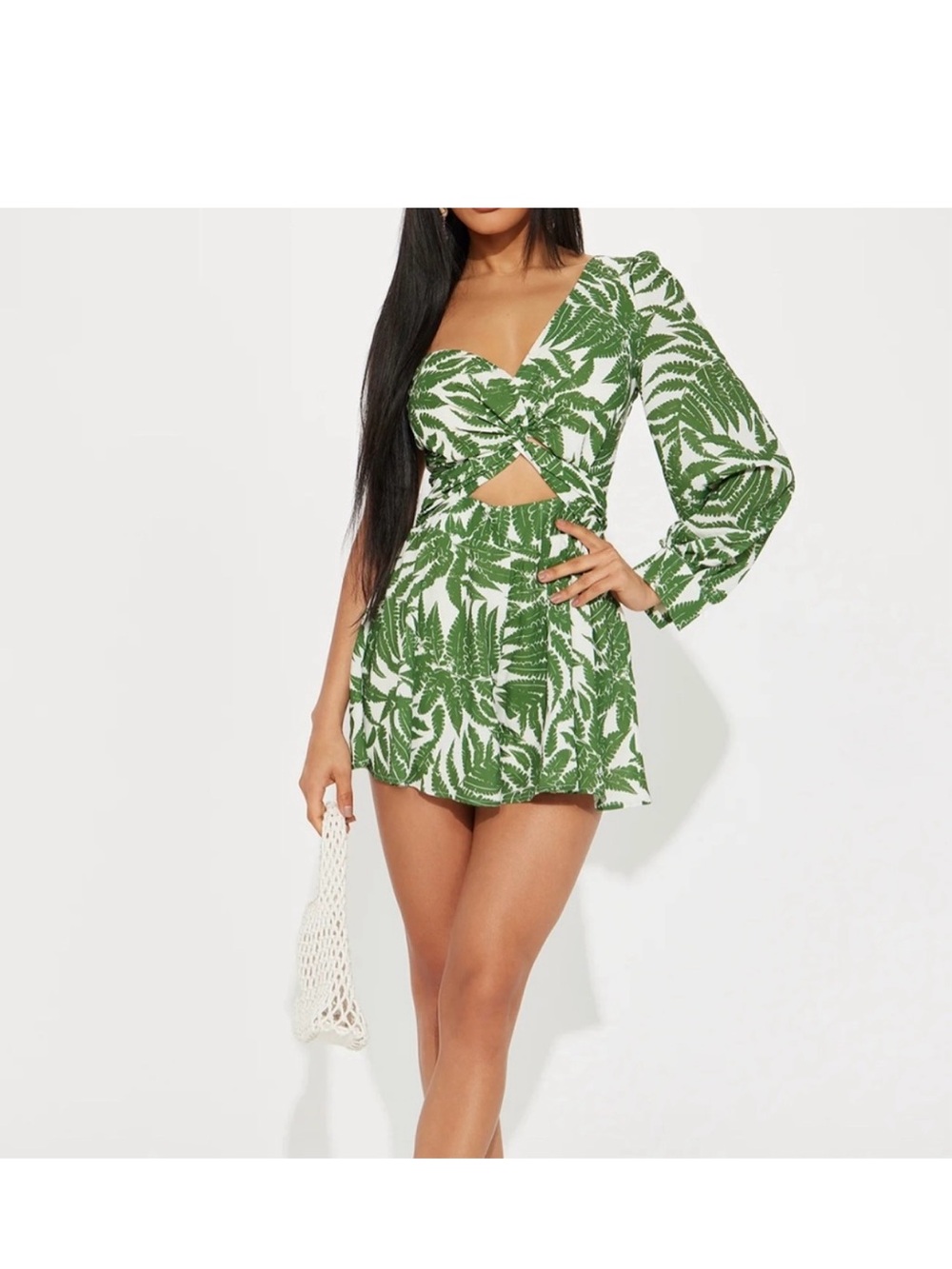 Forever 21 Green Tropical Floral Cutout Romper Long Sleeve V-Neck